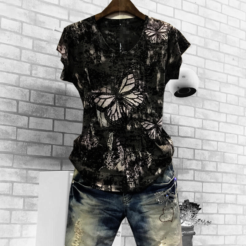 欧货潮2025夏装短袖t恤女印花半袖大码桑蚕丝上衣烫钻真丝小衫薄