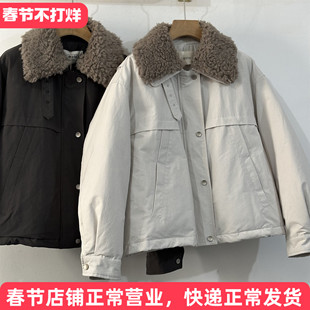 韩代订单可脱卸羊羔毛翻领鹅绒服女派克保暖羽绒服外套冬季新款