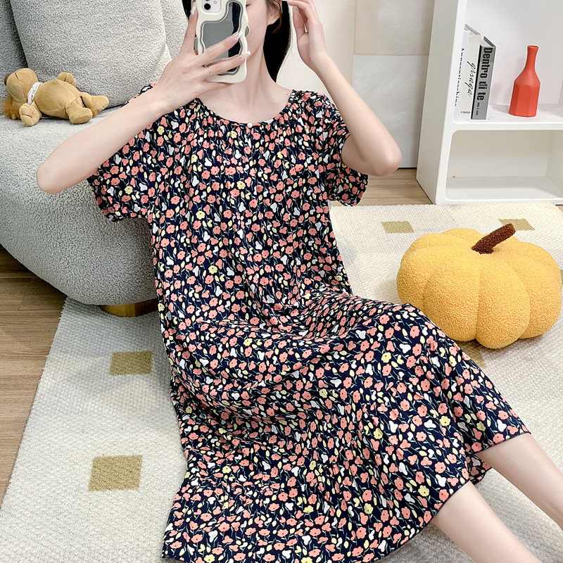 韩版绵绸加长款纯棉绸睡裙女士短袖加大码睡衣夏季人造棉布家居服