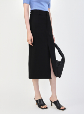 Mooelpom2025秋冬高腰包臀通勤显瘦半身裙遮跨前开叉西装裙女百搭