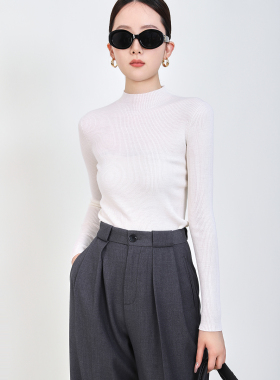 Mooelpom2025新款无缝一体修身半高领薄款长袖羊毛针织衫女显瘦