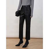 子 女显瘦百搭中腰蛋白皮裤 Mooelpom2025秋冬新款 中缝直筒九分皮裤