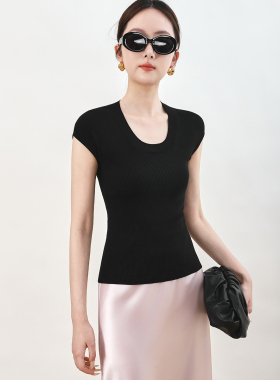 Mooelpom春夏新品精仿细纹U领短袖T女气质修身显瘦线衫百搭上衣女