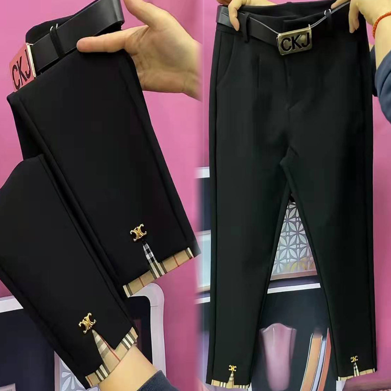 欧洲站2023年春季新款黑色西服裤韩版百搭显瘦拼接撞色格子铅笔裤