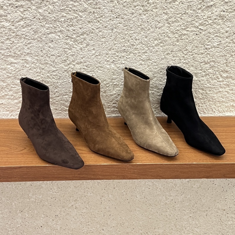 十三行女鞋实拍加绒尖头低跟舒适时尚小短靴后拉链复古瘦瘦靴短筒
