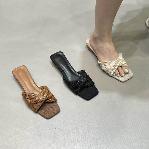十三行女鞋实拍清迈度假！夏日编织坡跟凉鞋女夏新款法式低跟单鞋