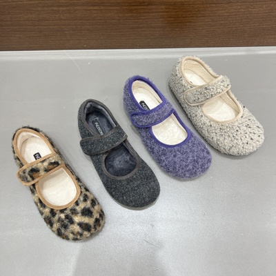 十三行女鞋实拍复古豹纹玛丽珍毛毛鞋女灰色呢子单鞋厚底加绒棉鞋