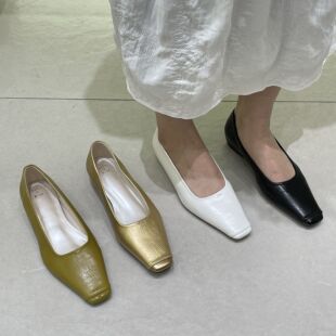 十三行女鞋实拍内增高方头金色浅口2026春夏季法式百搭黑色通勤鞋