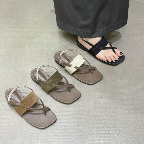 十三行女鞋实拍夏日度假风~韩版简约方头夹趾平底凉鞋百搭罗马鞋