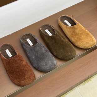 十三行女鞋实拍加绒半拖鞋女外穿羊羔毛鞋厚底防滑反绒面穆勒鞋女