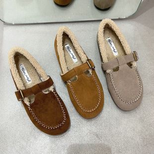 保暖雪地鞋 秋冬女鞋 实拍加绒森系复古平底加绒乐福鞋 十三行女鞋