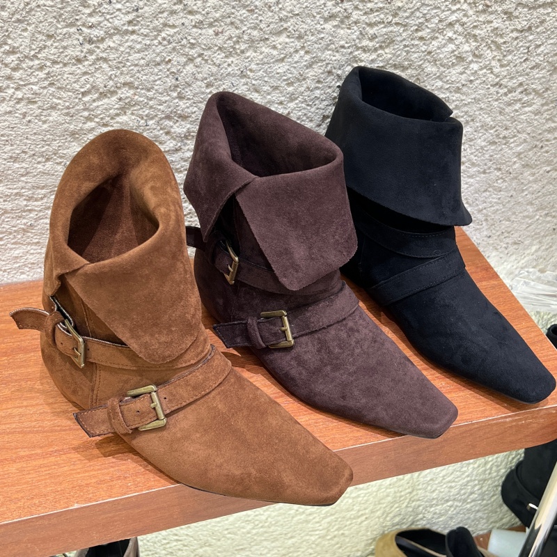 十三行女鞋实拍加绒粗跟复古绒面西部牛仔卡其色短靴女2025春秋季
