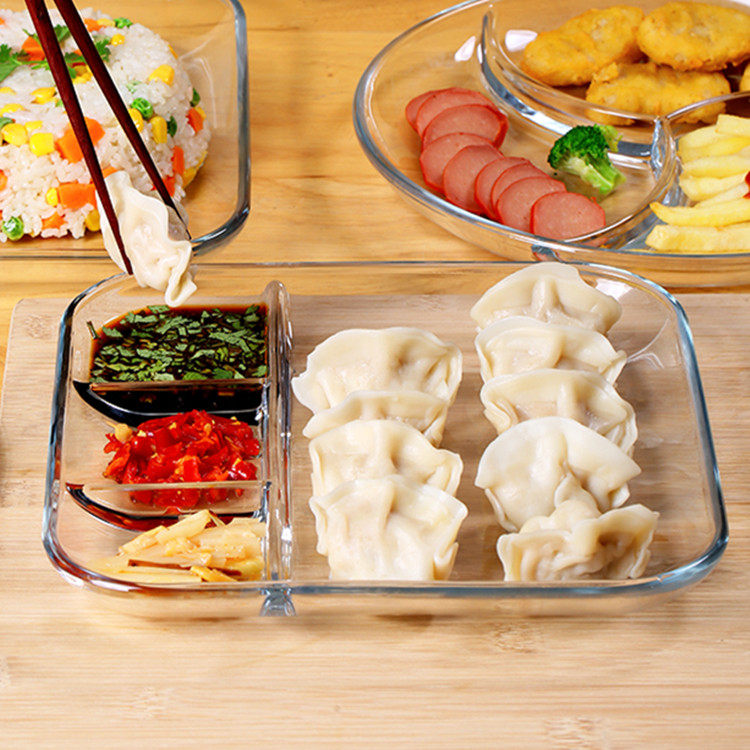 透明耐热玻璃饺子盘家用创意网红餐具分格餐盘分隔水饺早餐快餐盘