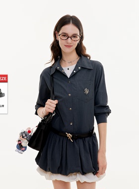 LazyBreeze原创2025秋季新款假两件条纹衬衫连衣裙花苞蓬蓬短裙
