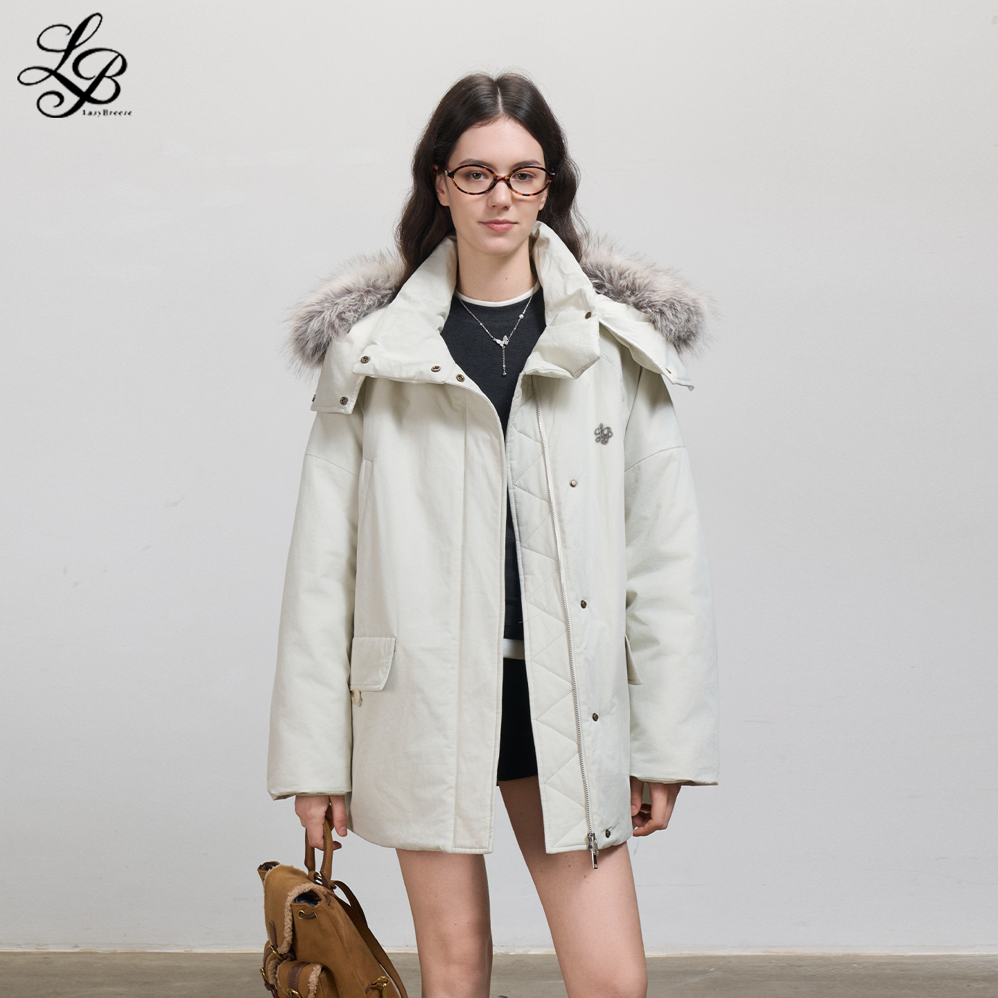 LazyBreeze冬季可拆卸大毛领连帽立领工装中长款上衣外套棉衣女