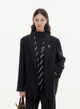 LazyBreeze原创金属标高级感毛呢外套保暖呢子西装上衣女