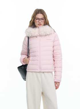 LazyBreeze 初雪樱花粉 连帽大毛领90白鸭绒修身轻薄羽绒服女外套