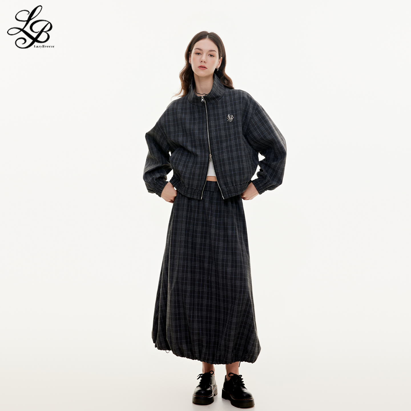 LazyBreeze秋季新款复古学院风套装格子日常通勤夹克宽松长裙子女