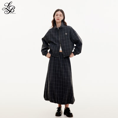 LazyBreeze秋季新款复古学院风套装格子日常通勤夹克宽松长裙子女