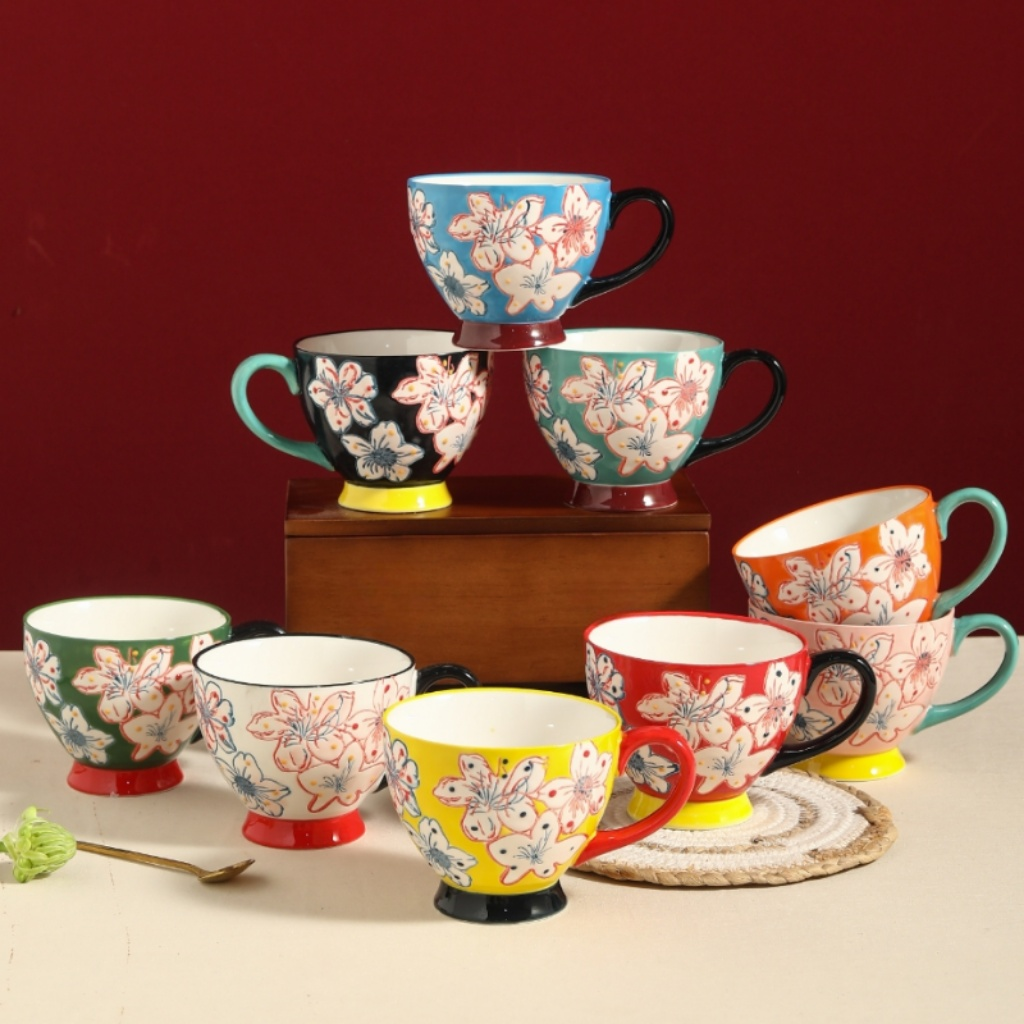 大容量早餐杯手绘浮雕咖啡杯高颜值喝水杯子家用陶瓷杯牛奶马克杯