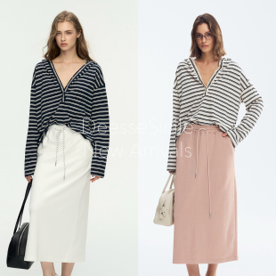 DeesseSicile航海系半开襟连帽撞色条纹内搭上衣复古松弛长袖 T恤