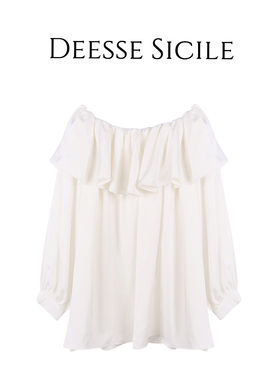Deessesicile 1白色一字领荷叶边雪纺衫女法式松弛灯笼袖上衣衬衫