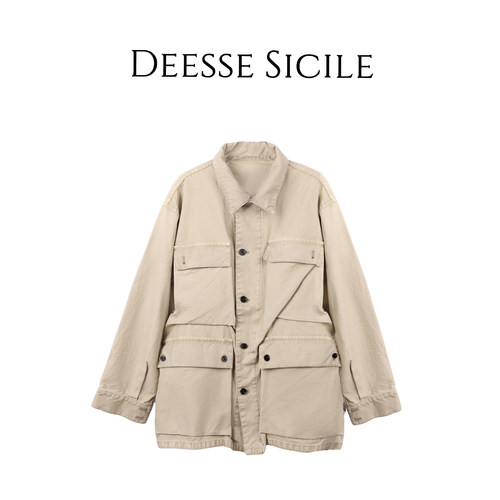 Deessesicile1卡其色100棉工装风翻领外套多口袋复古宽松百搭上衣
