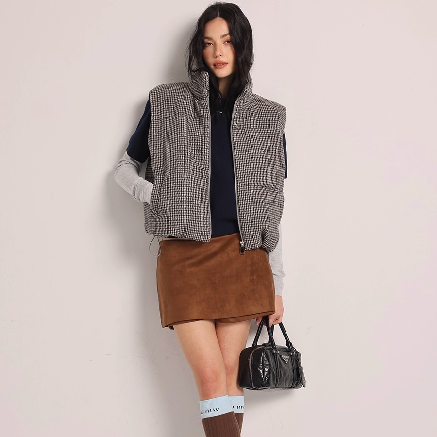 茶棕色复古格子立领棉服马甲