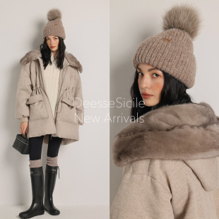 Deessesicile高奢YS水貂鹅绒羊毛呢连帽外套宽松加厚羽绒服女