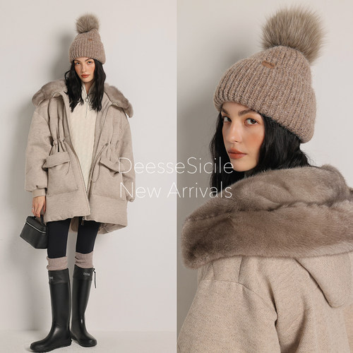 时髦高端水貂连帽抽绳鹅绒羽绒服