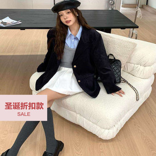 老钱学院风藏蓝灯芯绒休闲西装 经典 外套女秋 8折美式 Deessesicile