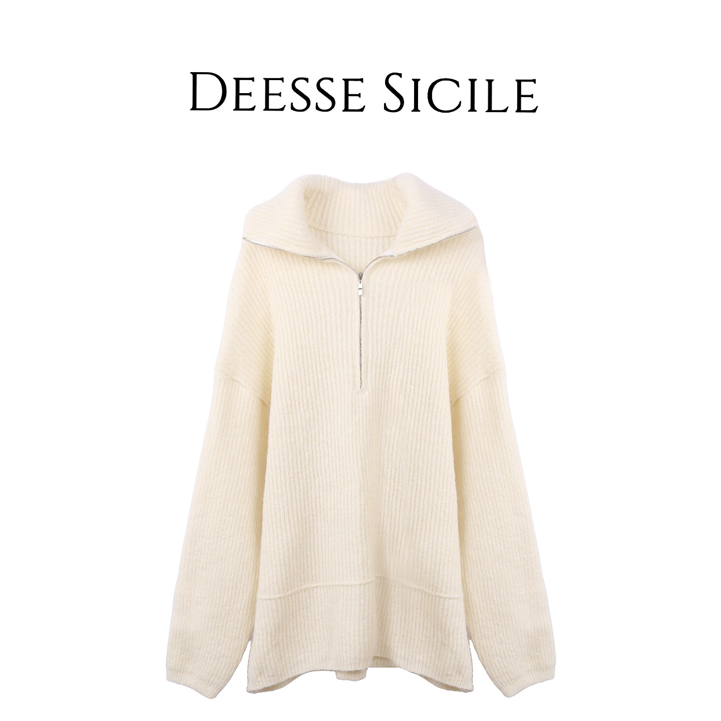 Deessesicile 1米白半拉链翻领毛衣松弛慵懒羊毛针织衫高级感上衣