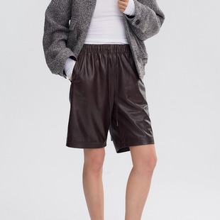 女 抽绳松紧腰休闲百搭直筒短裤 Deessesicile绵羊皮五分裤 真皮中裤