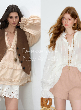 DeesseSicile 白色波嬉民族风亚麻刺绣衬衫卡其色宽松罩衫上衣女