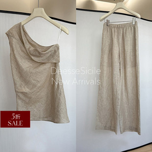套装 100亚麻原色松弛老钱风斜肩背心阔腿裤 女 折扣 DeesseSicile