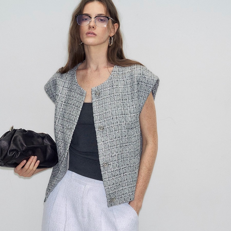 银灰色粗花呢落肩廓形宽松马甲