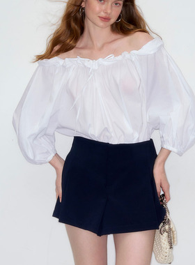 DeesseSicile美丽肩颈线白色露肩荷叶边衬衫一字肩灯笼袖宽松上衣