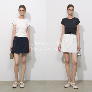 DeesseSicile深蓝色抽绳松紧腰显瘦半身裙女白色休闲百搭短裙半裙