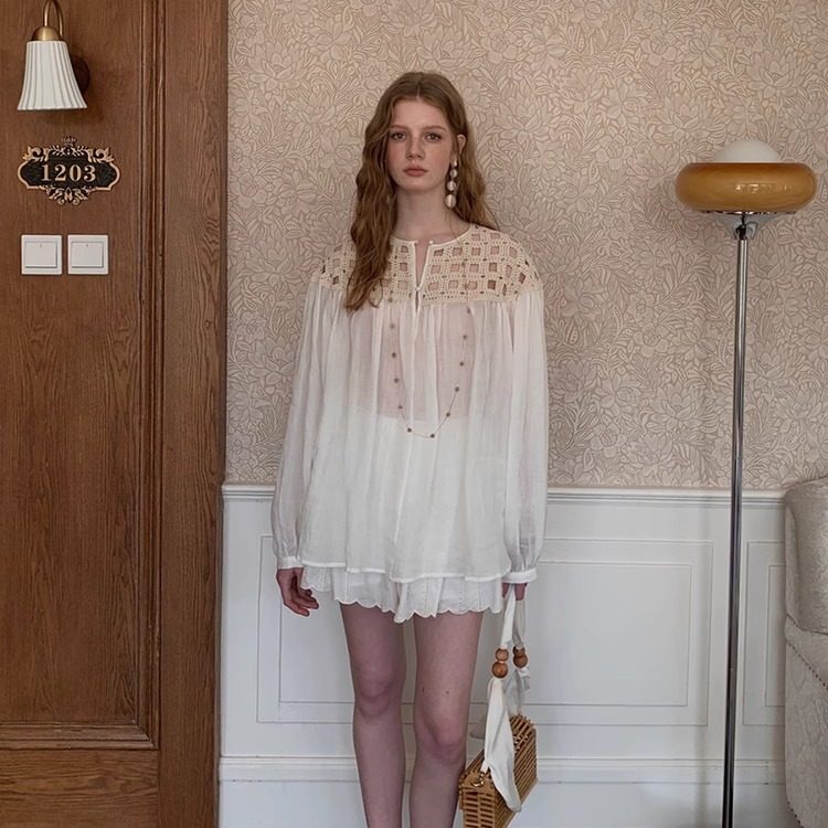 DeesseSicile白色苎麻重工镂空钩花衬衫波嬉风宽松慵懒长袖上衣女,女装/女士精品,衬衫,淘宝优惠券,粉丝福利购,淘宝优惠卷