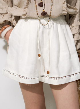 DeesseSicile 白色100亚麻度假风沙滩阔腿短裤女镂空拼接休闲裤女
