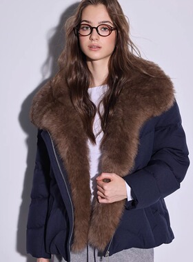 Deessesicile狐狸毛大翻领可脱卸藏蓝色鹅绒服奢华时髦短款羽绒服