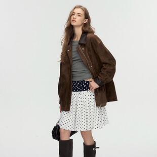 Deessesicile摩登巴恩风栗子棕反绒头层山羊皮拼皮翻领麂皮外套女
