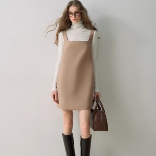 Deessesicile都会极简派卡其色吊带裙通勤简约西装 方领背心连衣裙