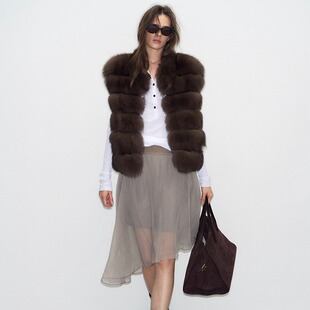 Deessesicile巧克力紫貂色狐狸毛摩登复古时髦皮草马甲背心外套女