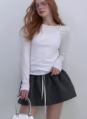 DeesseSicile 叠穿Look白色吊带长袖T恤假两件上衣修身显瘦T恤女