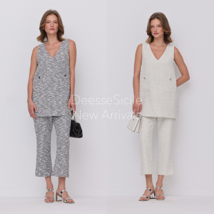 套装 DeesseSicile都市高智粗花呢V领长款 马甲上衣九分裤 法式 无袖