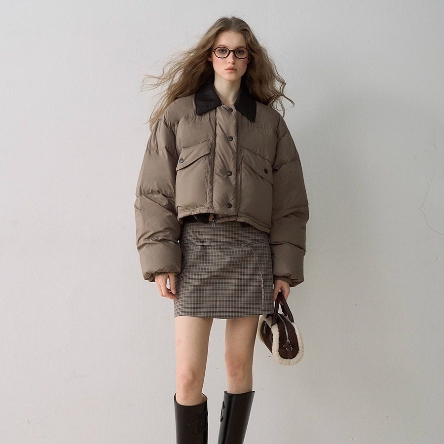 Deessesicile复古miu风白鹅绒外套撞色羊皮翻领短款保暖羽绒服女