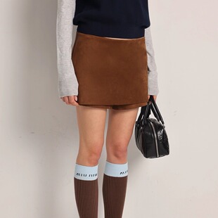Deessesicile焦糖棕麂皮绒开衩防走光短裙复古时髦高腰显瘦半身裙
