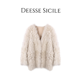 Deessesicile v领皮草外套 西班牙托斯卡纳皮毛一体羊卷毛中长款