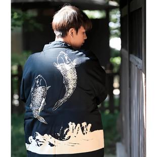 日式和风半缠纯棉家居锦鲤印花夹棉保暖情侣棉袄棉服外套宽松